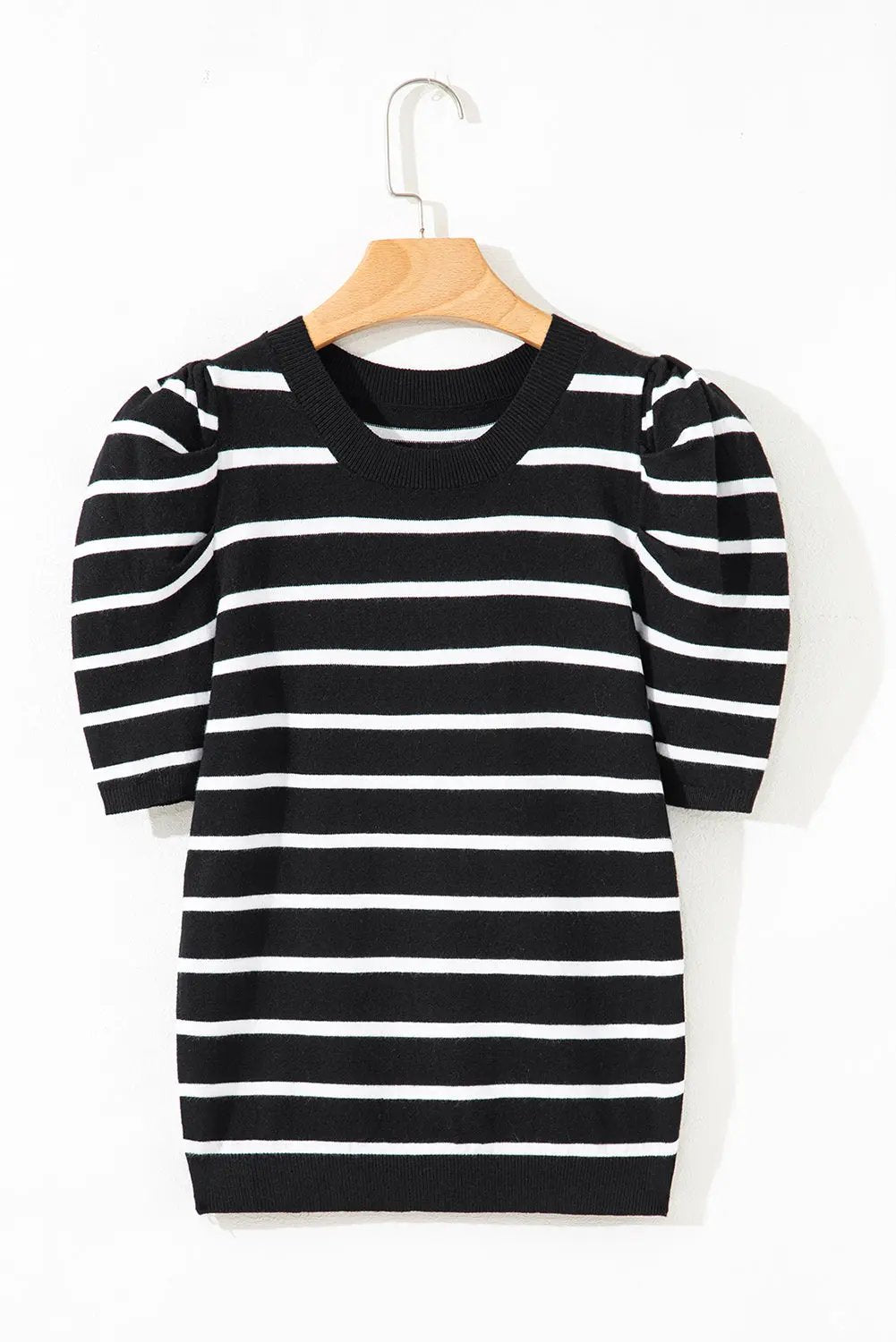 White Stripe Ribbed Trim Round Neck Bubble Sleeve Knitted Top - Love Salve